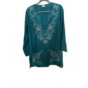 Les Papoux Embroidered Teal Tunic Cover up